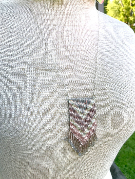 Neutral Silver and Pink Gold Fade Loom Woven Tassel Long Silver Necklace