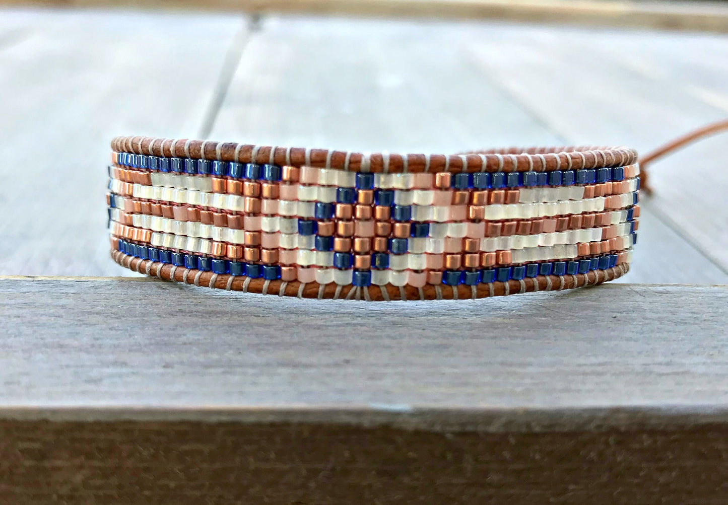 Copper Navy Blush Loom Woven Ikat Diamond Beaded Bracelet