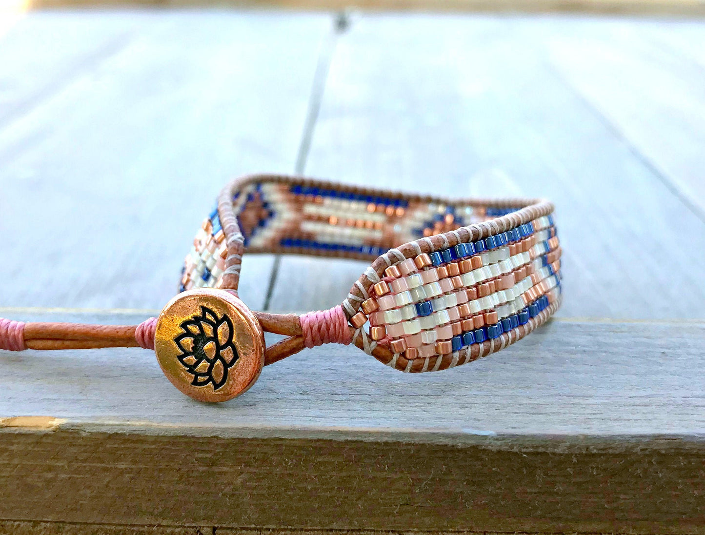 Copper Navy Blush Loom Woven Ikat Diamond Beaded Bracelet