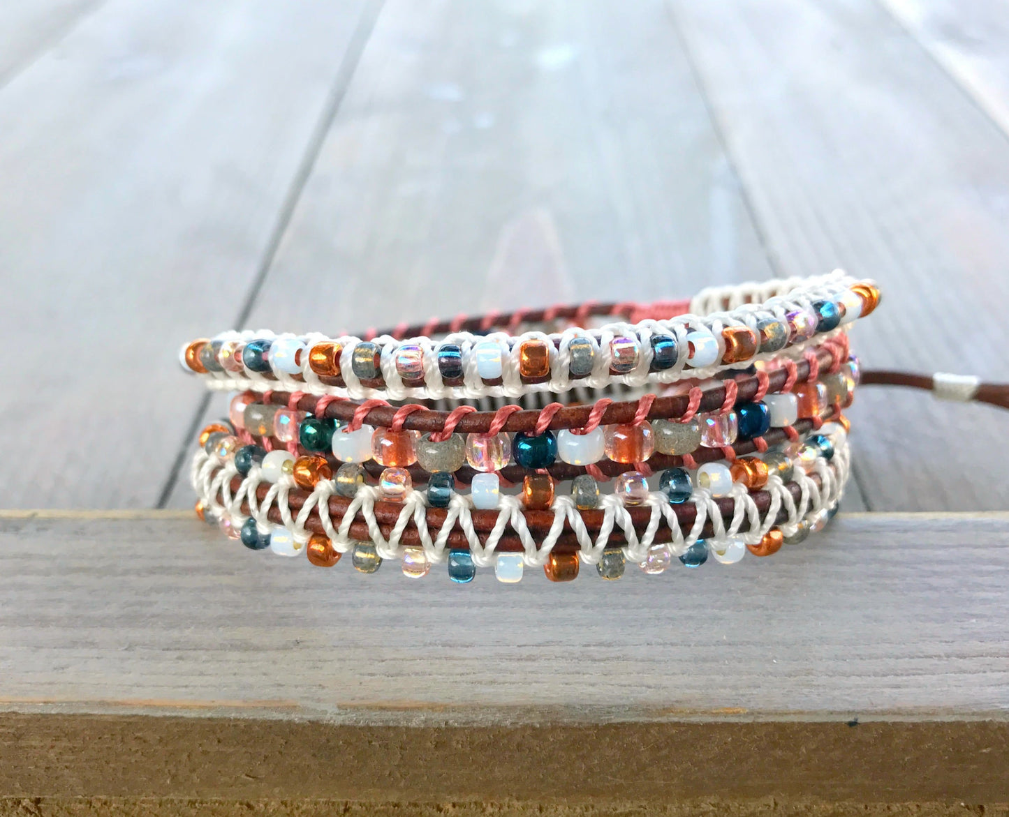 Copper Blush and Navy 3x macrame Leather Wrap Bracelet