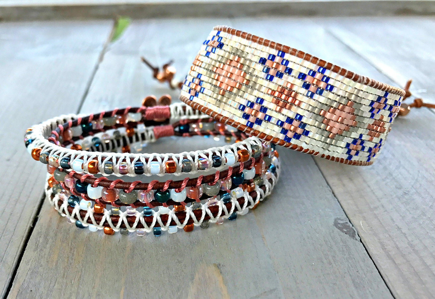 Copper Blush and Navy 3x macrame Leather Wrap Bracelet