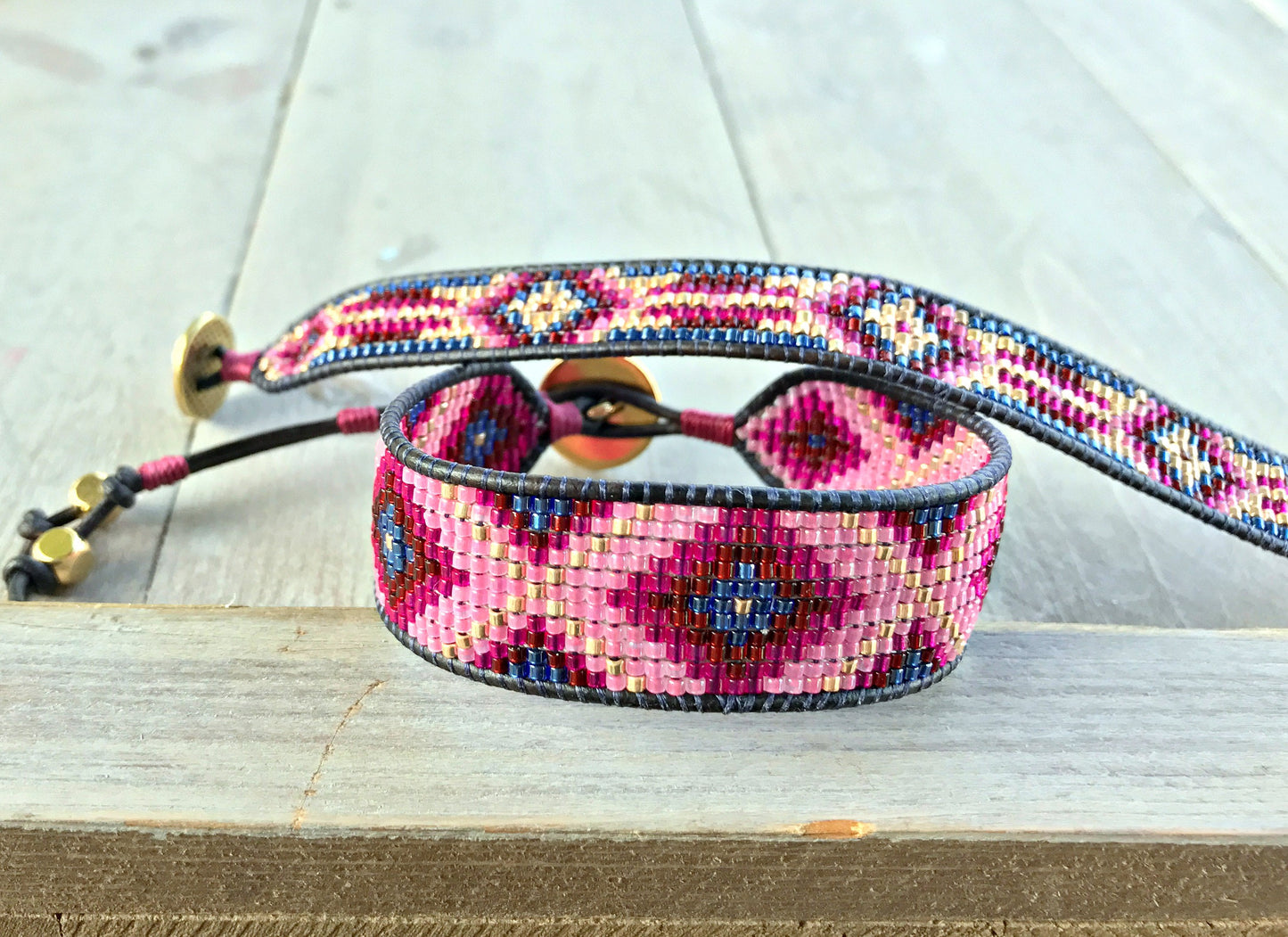 Loom Woven Maroon Pink Navy and Gold Diamond beaded friendship bracelet