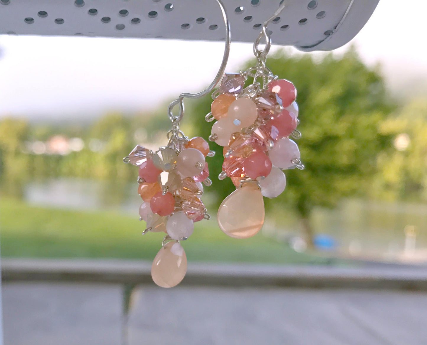 Peach Moonstone and Coral Jade Cluster Teardrop Earrings with Swarvoski Crystal