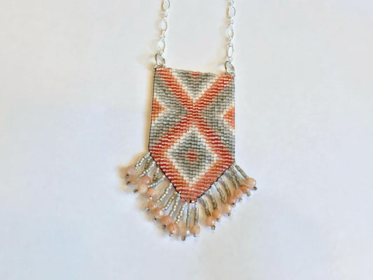 Faded Coral Peach and Gray Diamond Loom Woven Tassel Long Silver Necklace
