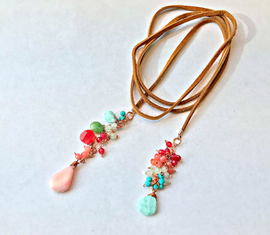 Turquoise and Coral Gemstone Leather Lariat Necklace