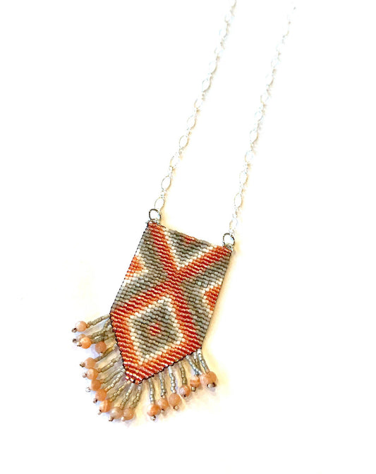 Faded Coral Peach and Gray Diamond Loom Woven Tassel Long Silver Necklace