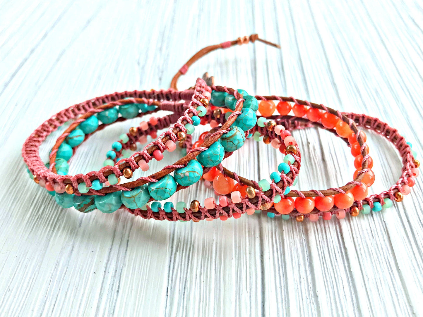 Turquoise and Coral Gemstone Macrame 5 Wrap Bracelet