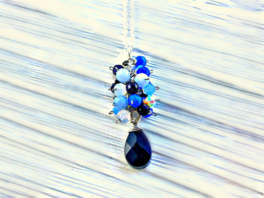 Bright Blues and Silver, Navy Goldstone Teardrop Cluster Necklace