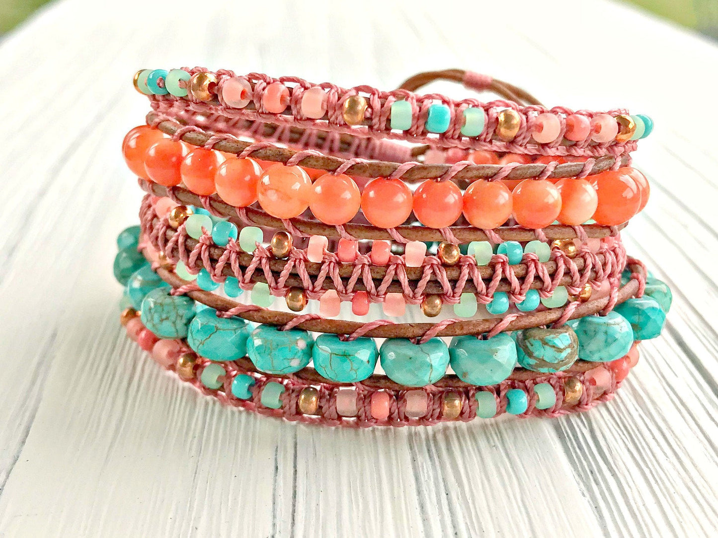 Turquoise and Coral Gemstone Macrame 5 Wrap Bracelet