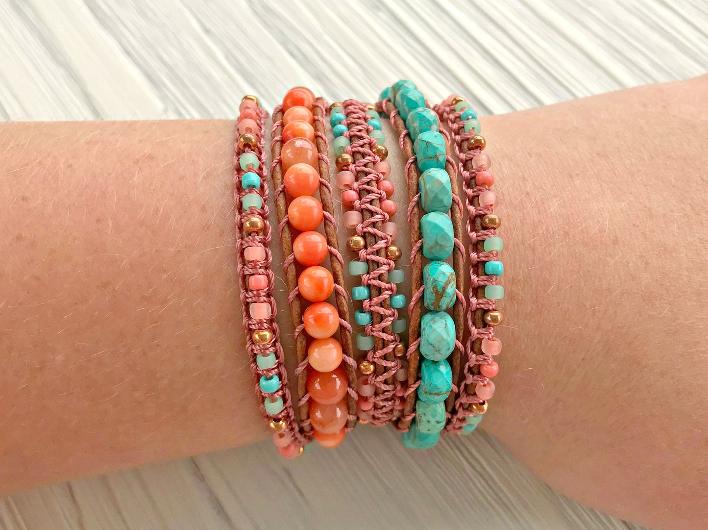 Turquoise and Coral Gemstone Macrame 5 Wrap Bracelet