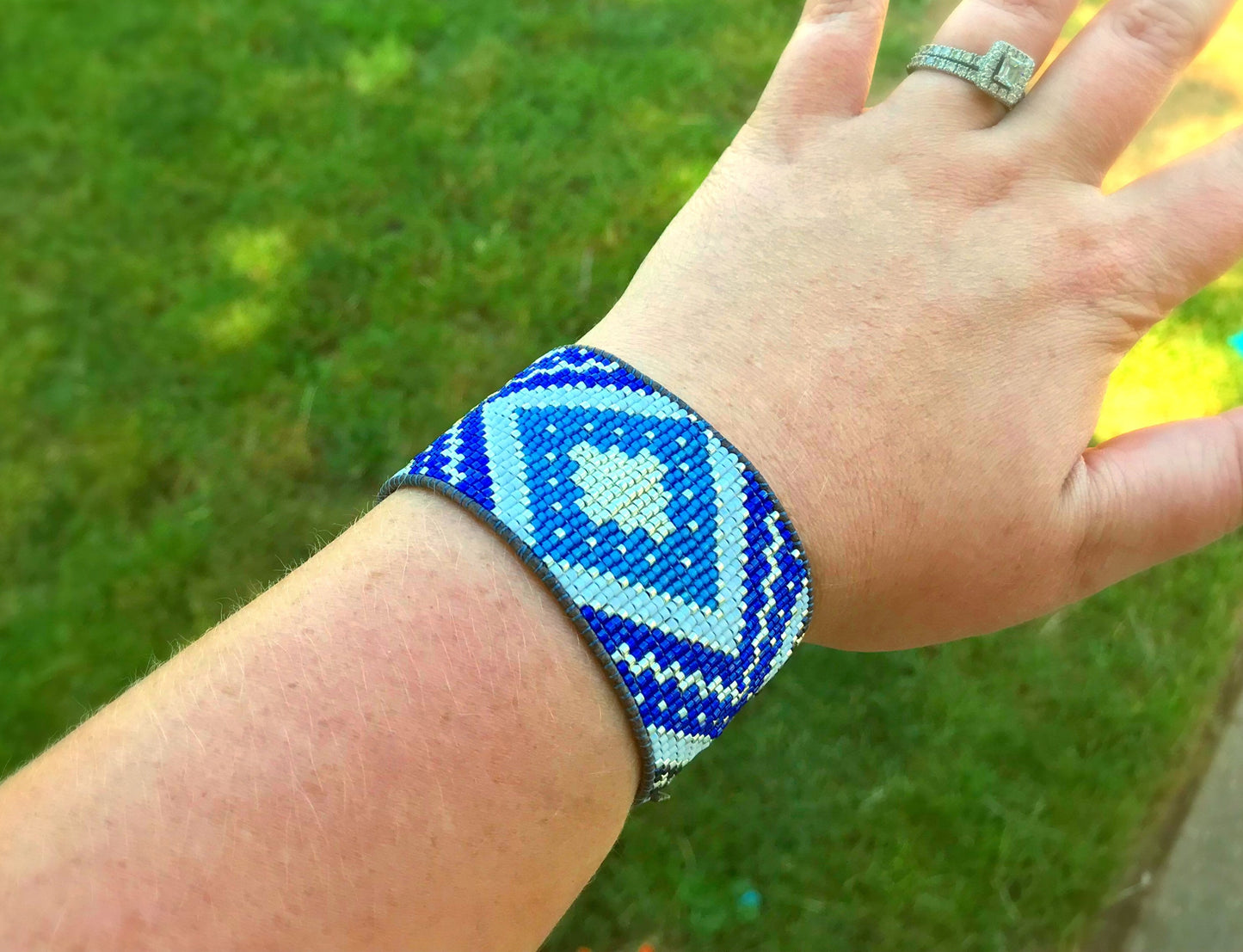 Bright Blue Aztec Extra wide Geometric bead loom woven cuff