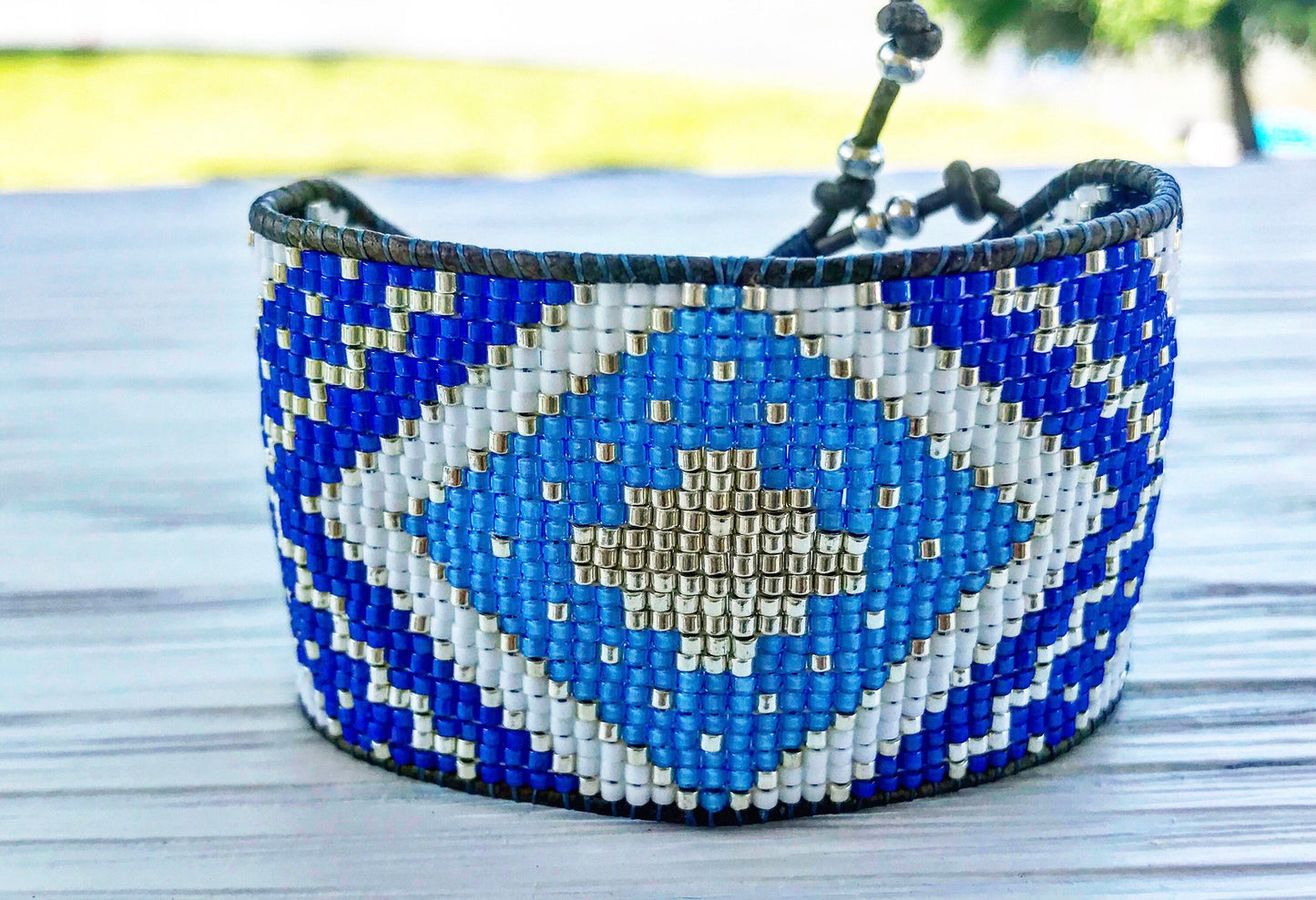 Bright Blue Aztec Extra wide Geometric bead loom woven cuff