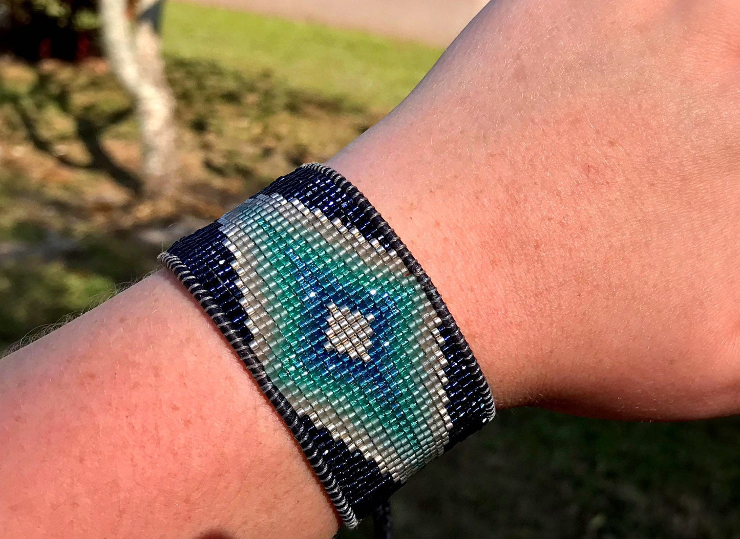 Navy Seas Diamond Burst Loom Bracelet, bead loom woven