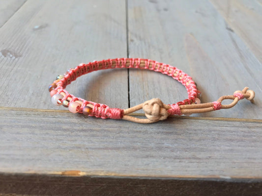 Coral and Peach Top Macrame Beaded Leather Single Wrap Bracelet