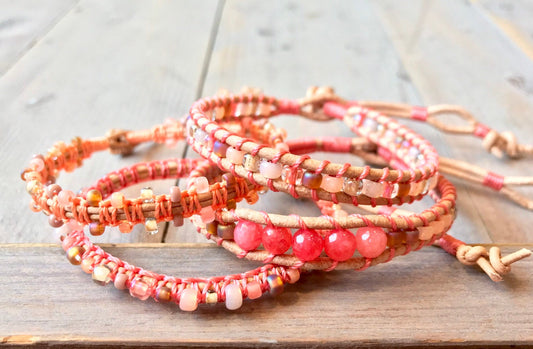 Coral and Peach Side Macrame Beaded Leather  Bracelet