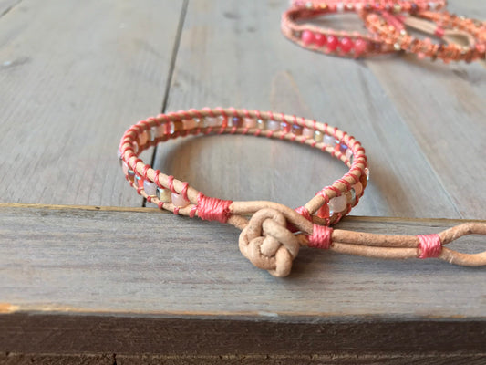 Coral and Peach Ladder Wrap Beaded Leather Bracelet