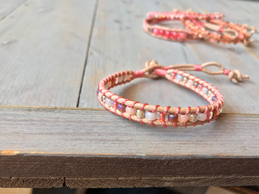 Coral and Peach Ladder Wrap Beaded Leather Bracelet