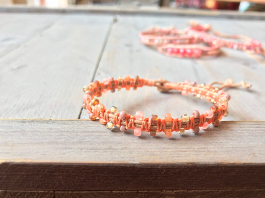 Coral and Peach Side Macrame Beaded Leather  Bracelet
