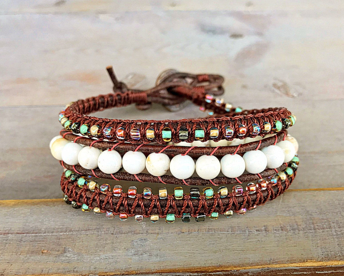 White Turquoise Macrame 3 Wrap Leather Bracelet