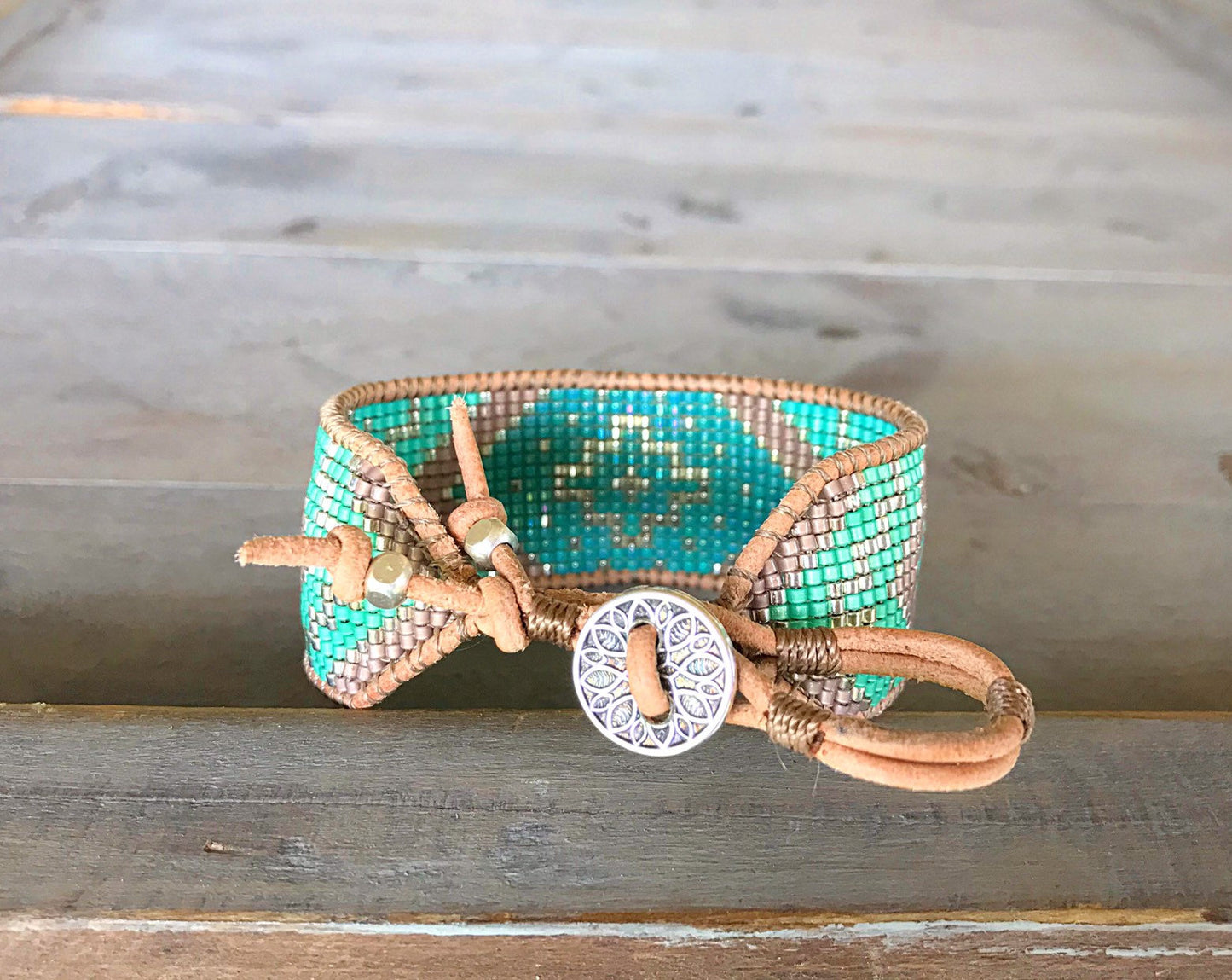 Seafoam and Silver Loom Woven Tribal Chevron beaded friendship bracelet,