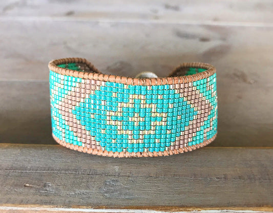 Seafoam and Silver Loom Woven Tribal Chevron beaded friendship bracelet,