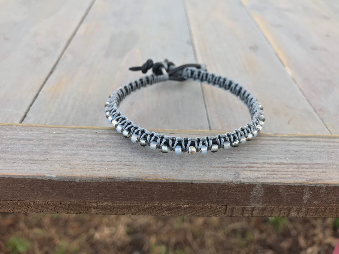 Black, Silver, and Gray Top Macrame Beaded Leather Single Wrap Bracelet