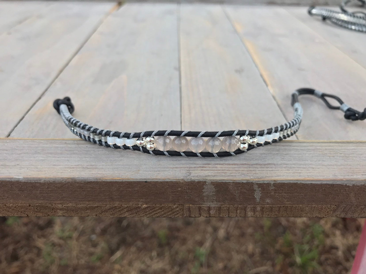 Gray Agate center Black ,Silver, and Gray Beaded Leather Single Wrap Bracelet