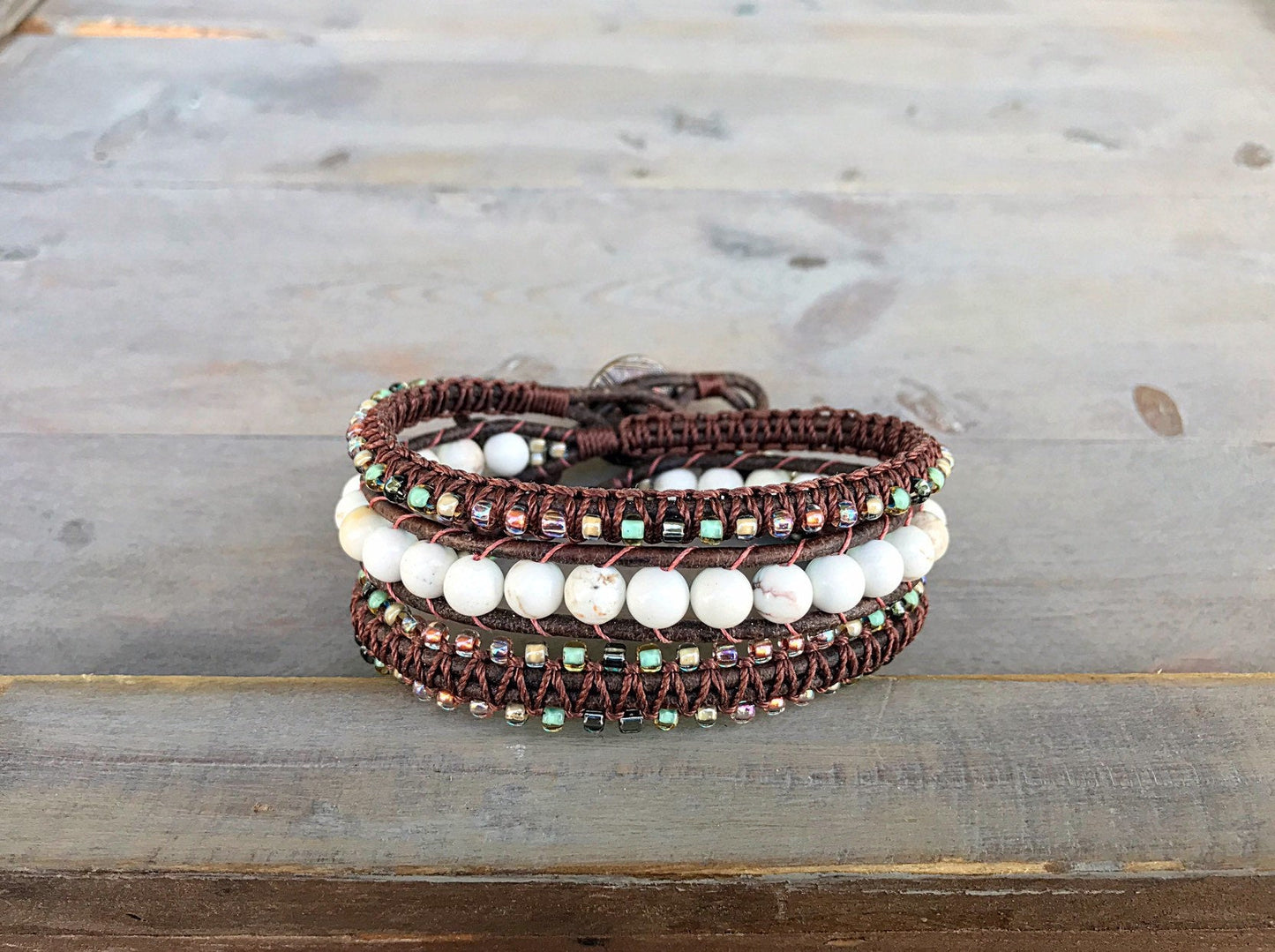 White Turquoise Macrame 3 Wrap Leather Bracelet