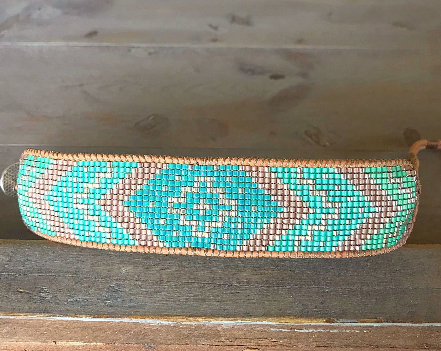 Seafoam and Silver Loom Woven Tribal Chevron beaded friendship bracelet,