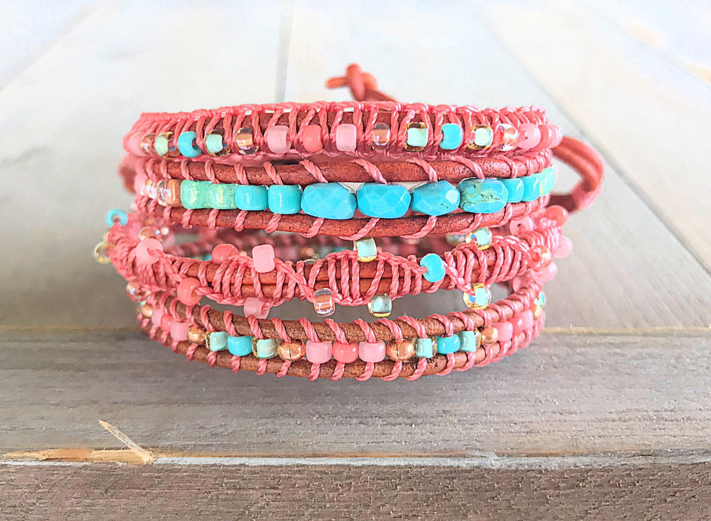 Turquoise and Coral Top Beaded Macrame Woven Leather Stack bracelet