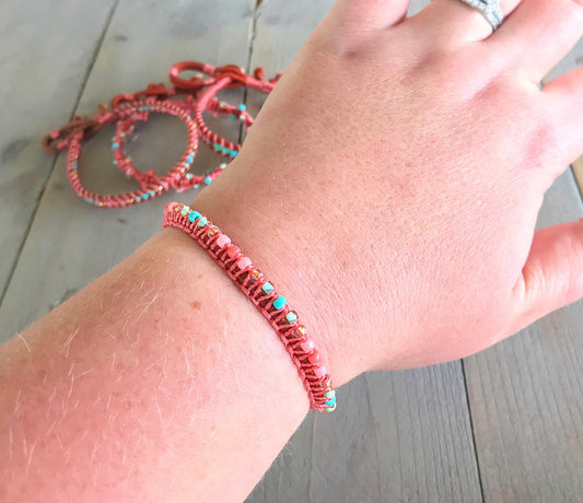 Turquoise and Coral Top Beaded Macrame Woven Leather Stack bracelet