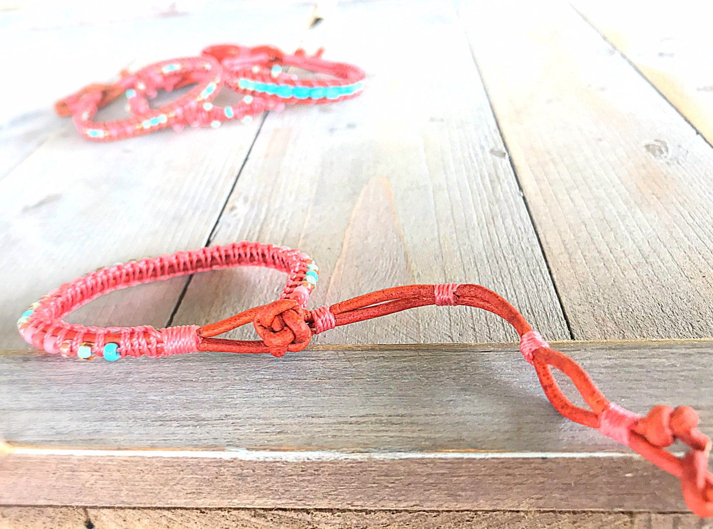 Turquoise and Coral Top Beaded Macrame Woven Leather Stack bracelet