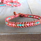 Coral and Turquoise Ladder Woven Leather Stack bracelet