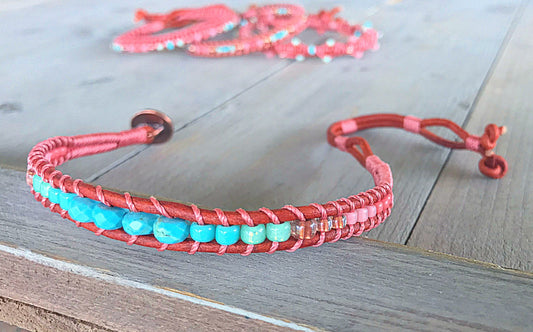 Turquoise center and Coral Ladder Wrap Stack bracelet