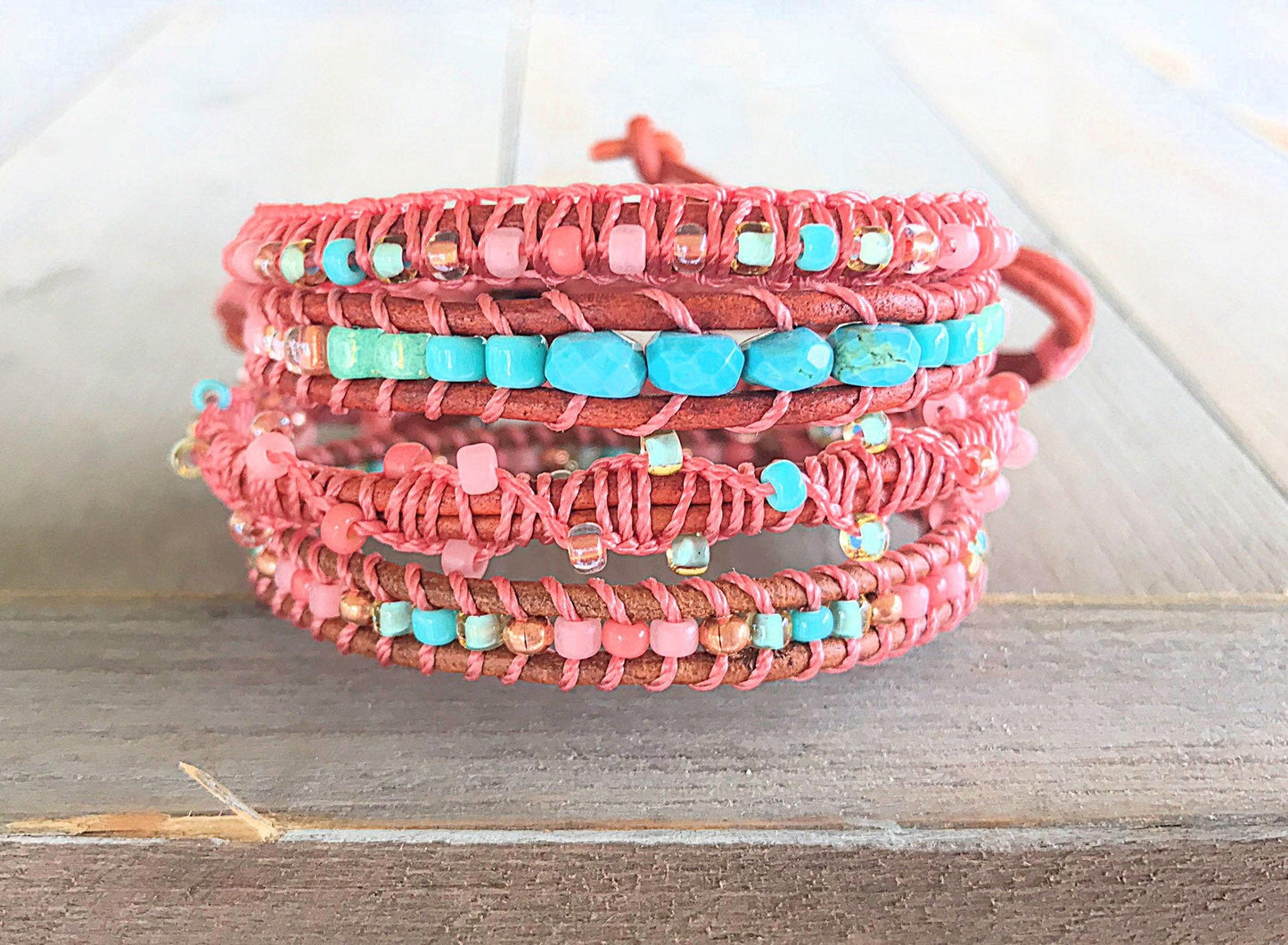 Turquoise center and Coral Ladder Wrap Stack bracelet