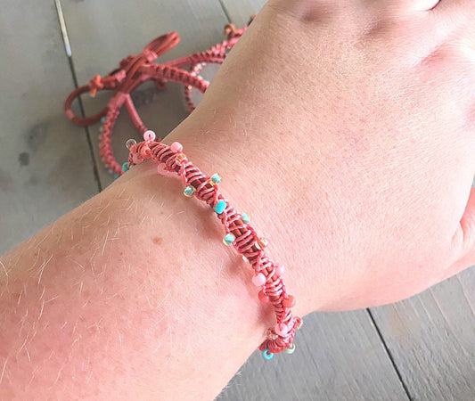 Coral and Aqua Spiral Macrame Woven Leather Stack bracelet