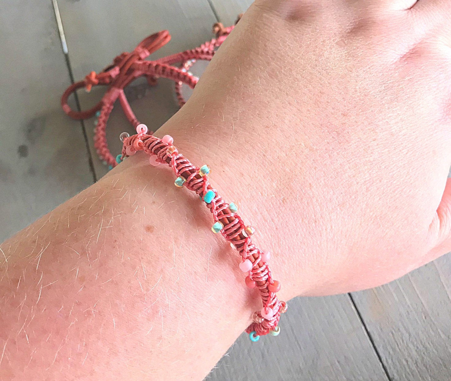 Coral and Aqua Spiral Macrame Woven Leather Stack bracelet