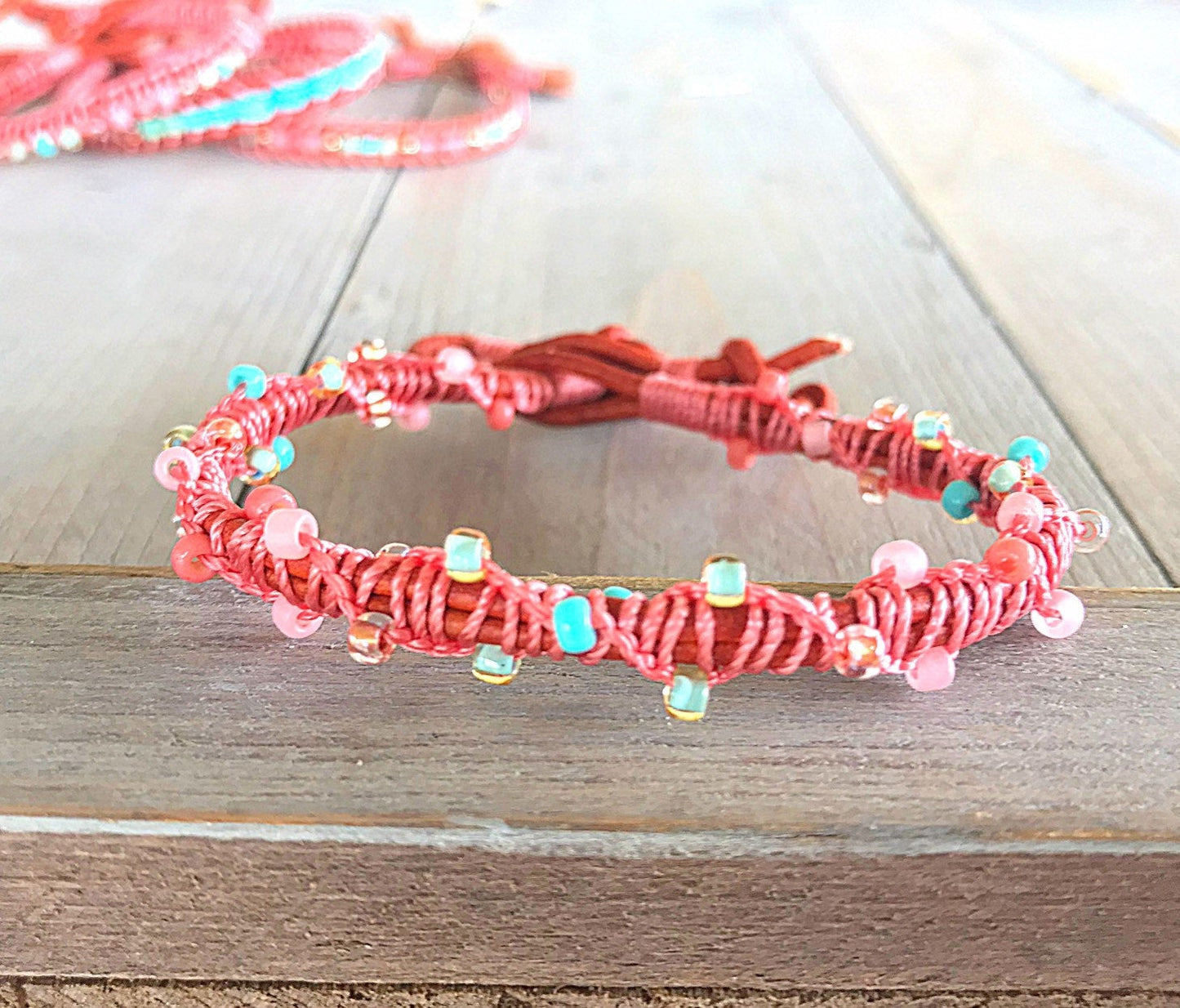 Coral and Aqua Spiral Macrame Woven Leather Stack bracelet