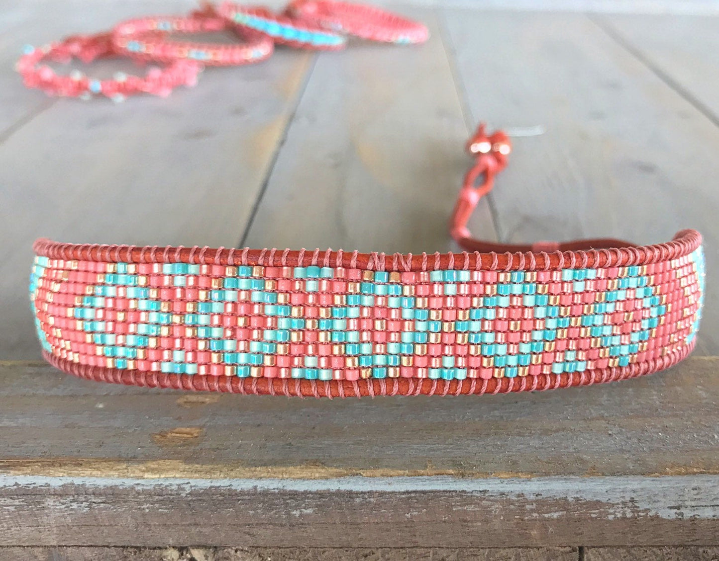 Turquoise, Coral and Copper Beaded Diamond and Chevron Loom Woven cuff Bracelet