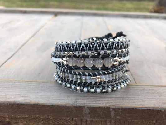 Gray Agate center Black ,Silver, and Gray Beaded Leather Single Wrap Bracelet