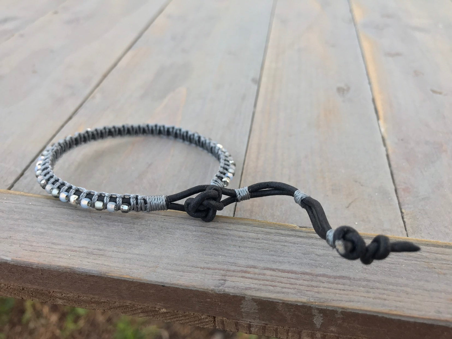 Black, Silver, and Gray Top Macrame Beaded Leather Single Wrap Bracelet