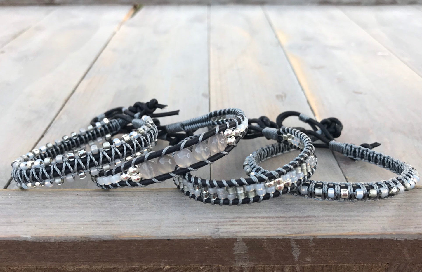 Black, Silver, and Gray Top Macrame Beaded Leather Single Wrap Bracelet