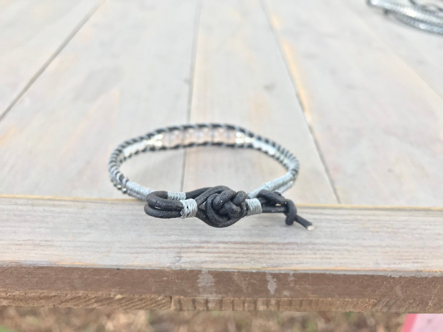 Gray Agate center Black ,Silver, and Gray Beaded Leather Single Wrap Bracelet