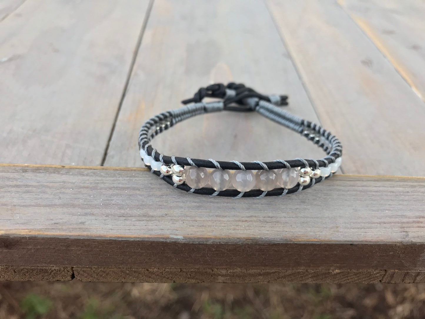 Gray Agate center Black ,Silver, and Gray Beaded Leather Single Wrap Bracelet