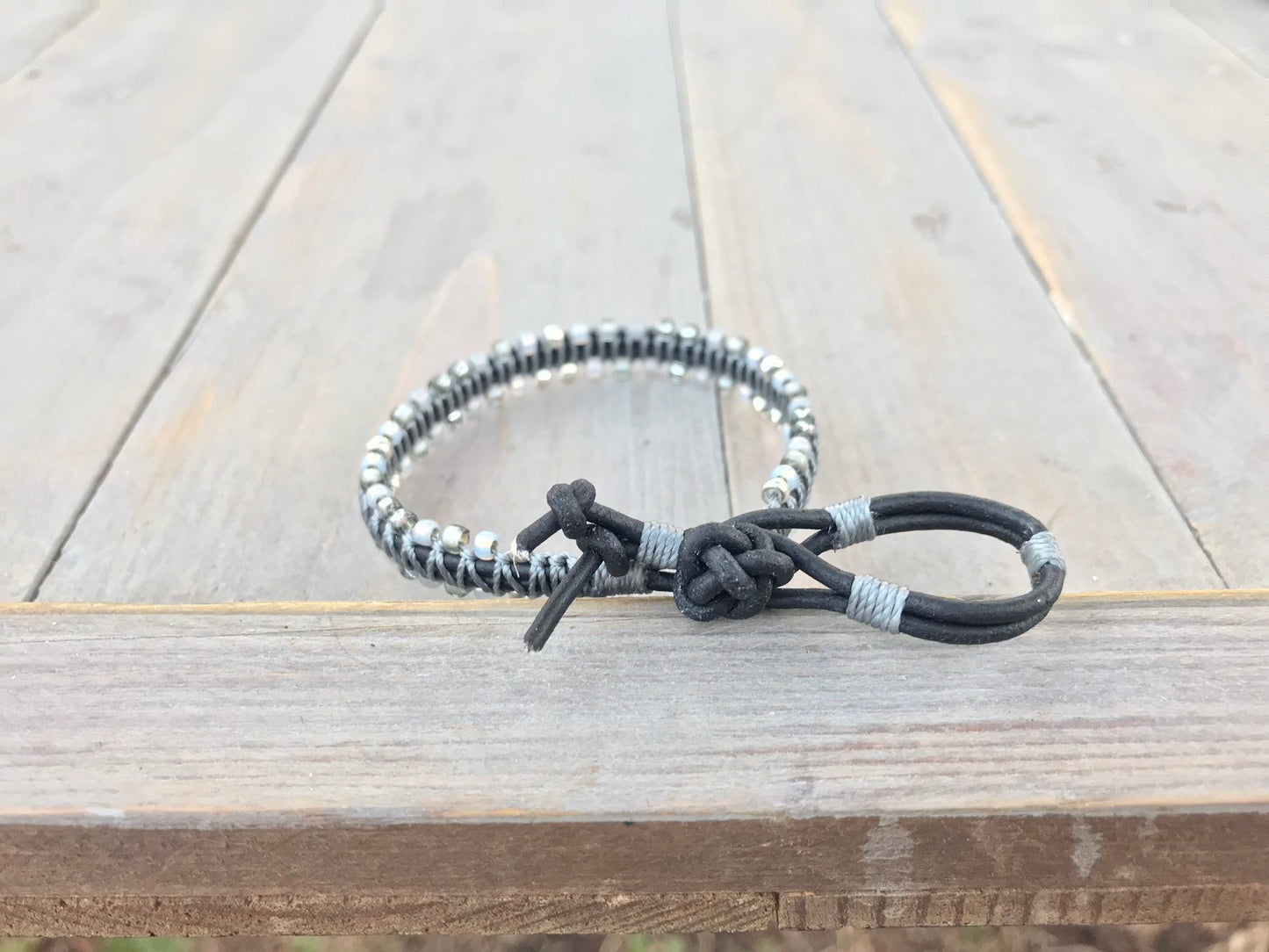 Black, Silver ,and Gray Side Macrame Beaded Leather Single Wrap Bracelet