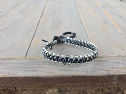 Black, Silver ,and Gray Side Macrame Beaded Leather Single Wrap Bracelet