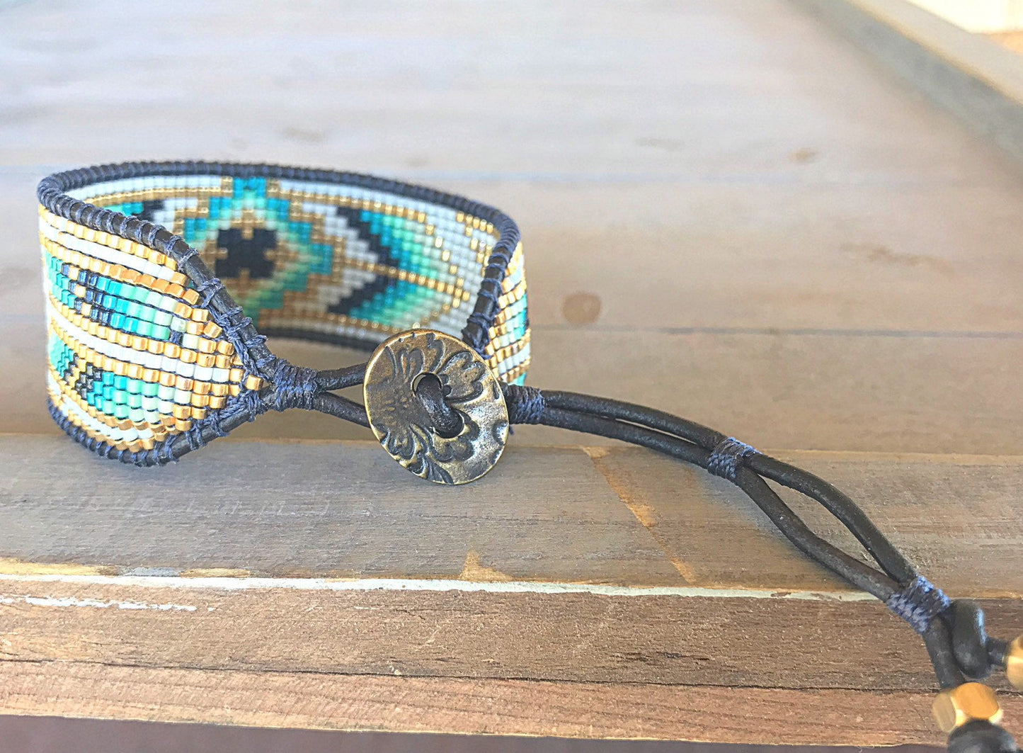 Navy,Teal, and Gold Bohemian Loom Woven Southwestern Tribal Beaded Bracelet