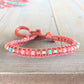 Turquoise and Coral Top Beaded Macrame Woven Leather Stack bracelet