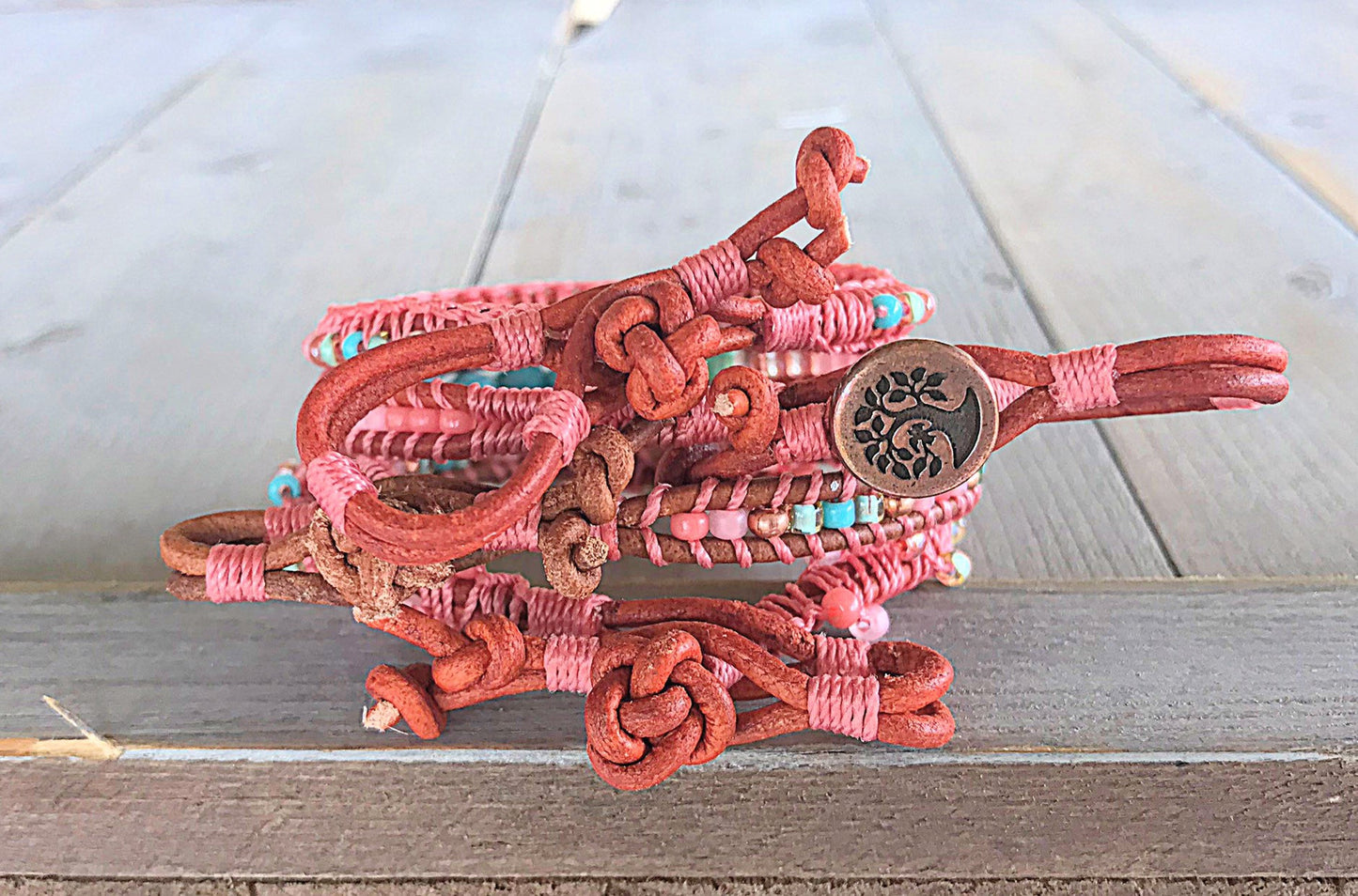 Turquoise and Coral Top Beaded Macrame Woven Leather Stack bracelet