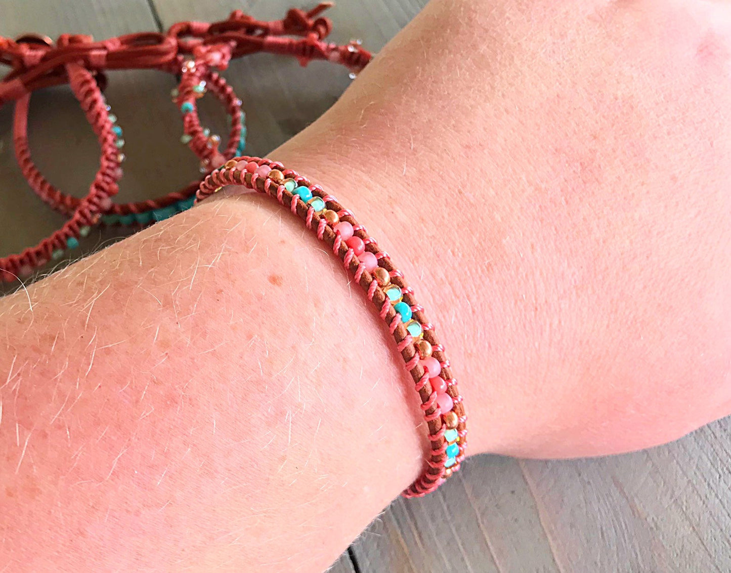 Coral and Turquoise Ladder Woven Leather Stack bracelet